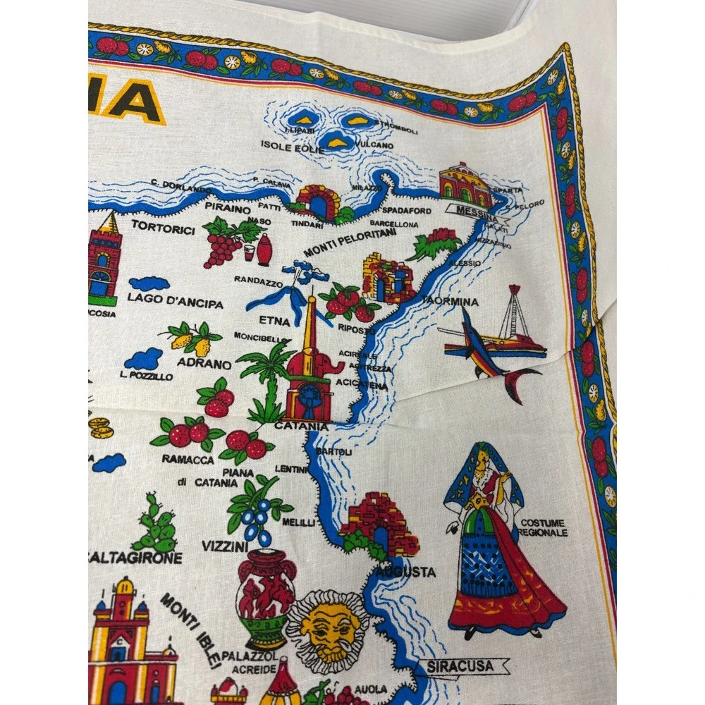 VTG SICILIA Sicily Cotton Tea Towel Dish Kitchen Towel Map Landmarks Crest 23x34